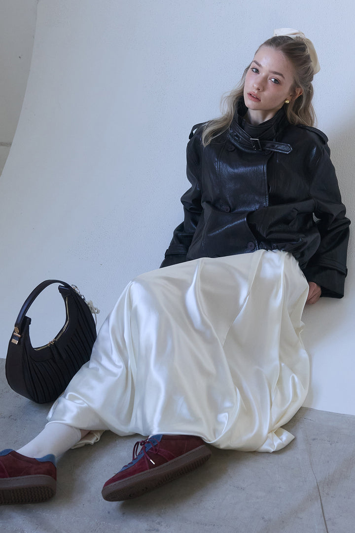 [予約/SET]レザーライククロップドジャケット+サテンシャイニーバルーンスカート(2set)