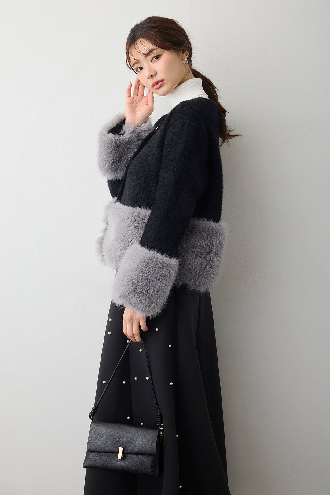 [予約/SET]配色ファードッキングコート+マルチパターンボンディングフレアスカート(2set)