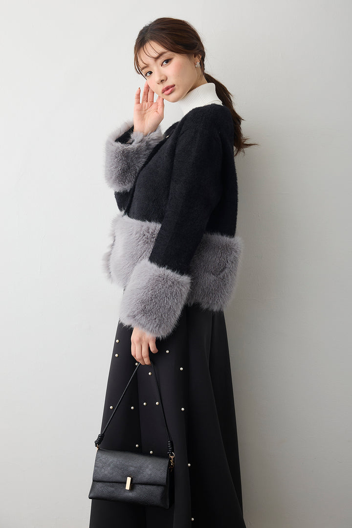 [予約/SET]配色ファードッキングコート+マルチパターンボンディングフレアスカート(2set)