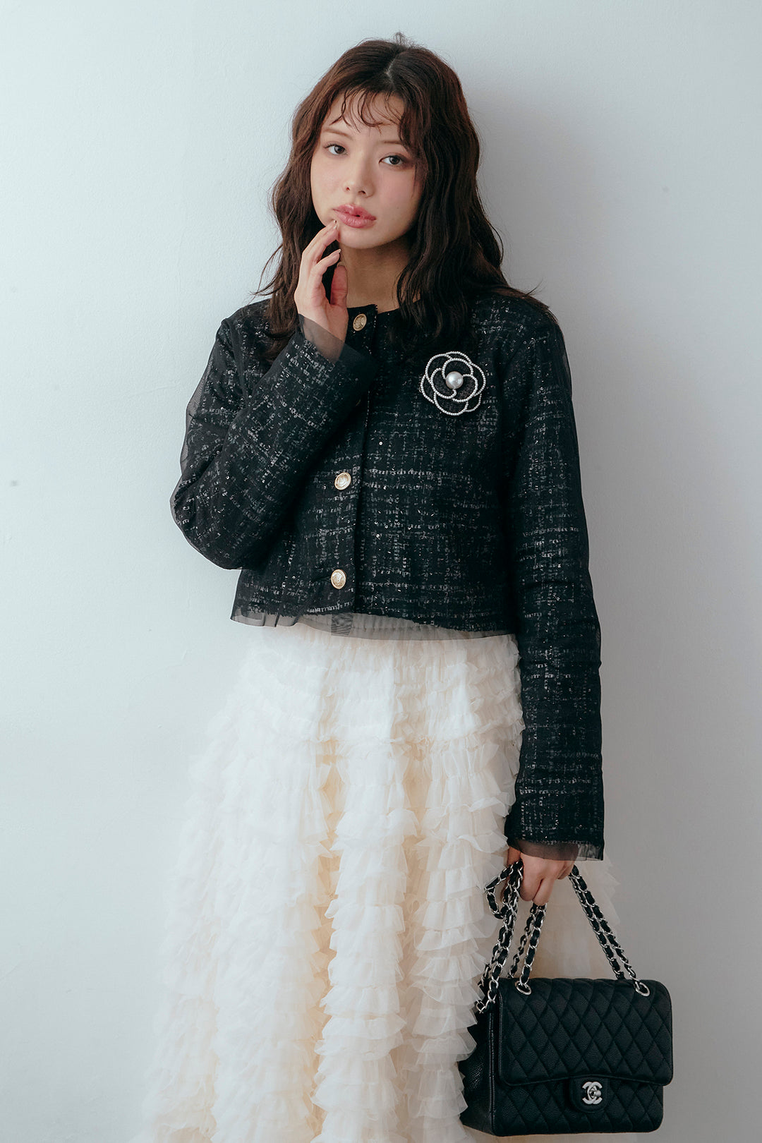 [予約/SET]ツイード×チュールレイヤードクロップドジャケット+ホイップチュールティアードスカート(2set)
