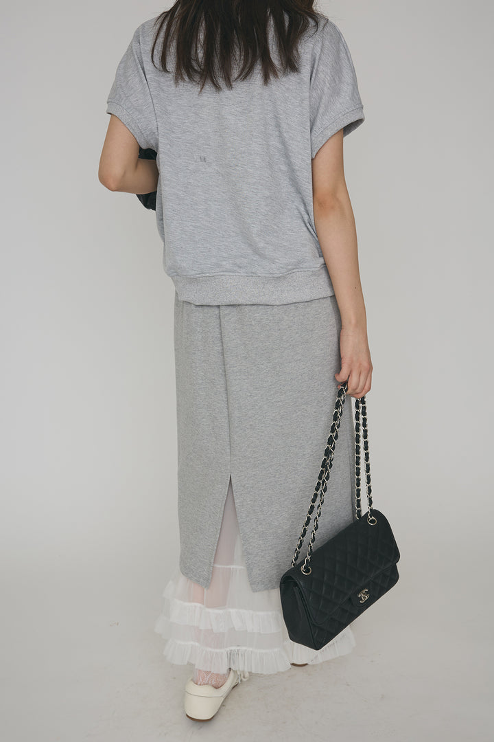 [予約/SET]ロゴ刺繍デザインリブカットT+フリルヘムスウェットスリットスカート(2set)