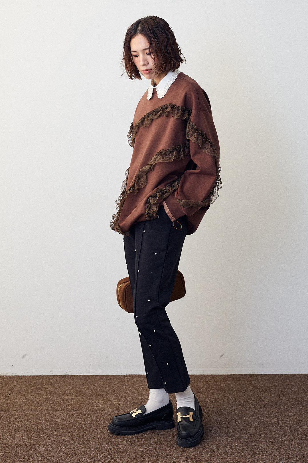 [予約/SET]レースフリルランダムラインスウェット+センターシームランダムパールパンツ(2set)