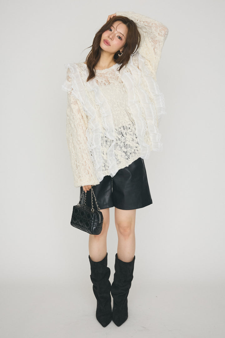 [予約/SET]シアーフリルデコレーションニット+フェイクレザーベーシックパンツ(2set)