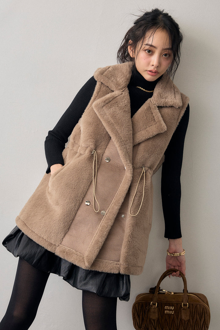 [予約/SET]ベーシックリブタートルニット+テディボアウエストドロストベスト+フェイクレザーティアードバルーンミニスカート(3set)