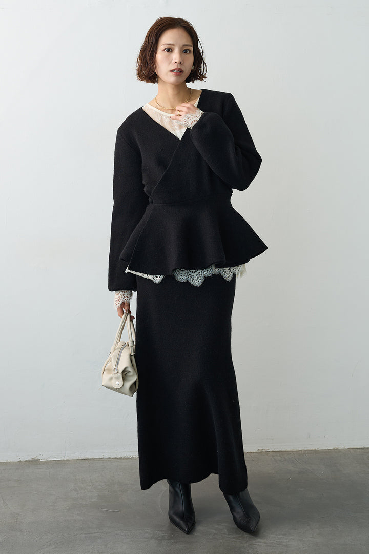 [予約/SET]ファインレーストップス+カシュクールフレアニットスカートセットアップ(2set)