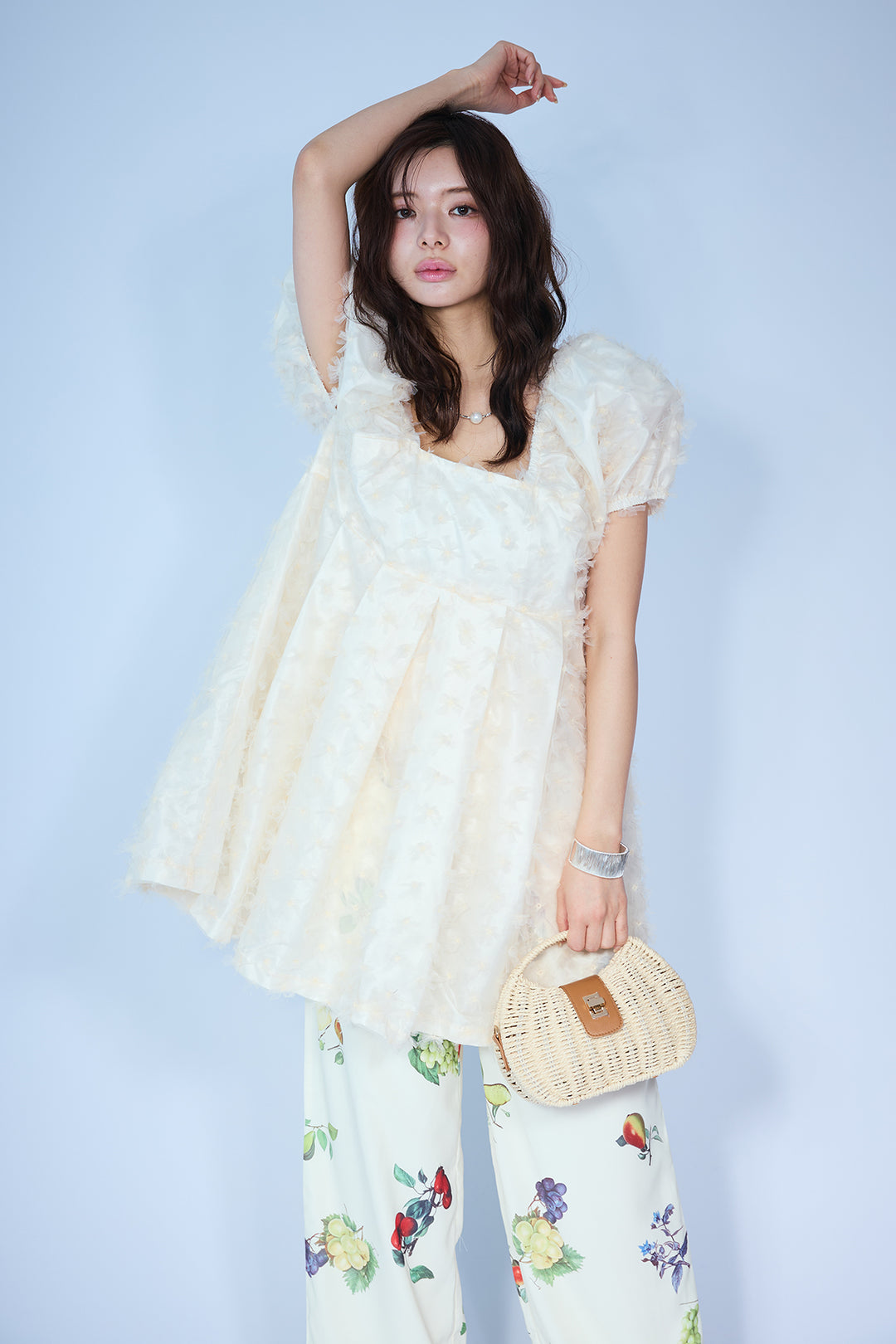 [予約/SET]フラワージャカードパフスリーブチュニック+フルーツパターンストレートパンツ(2set)