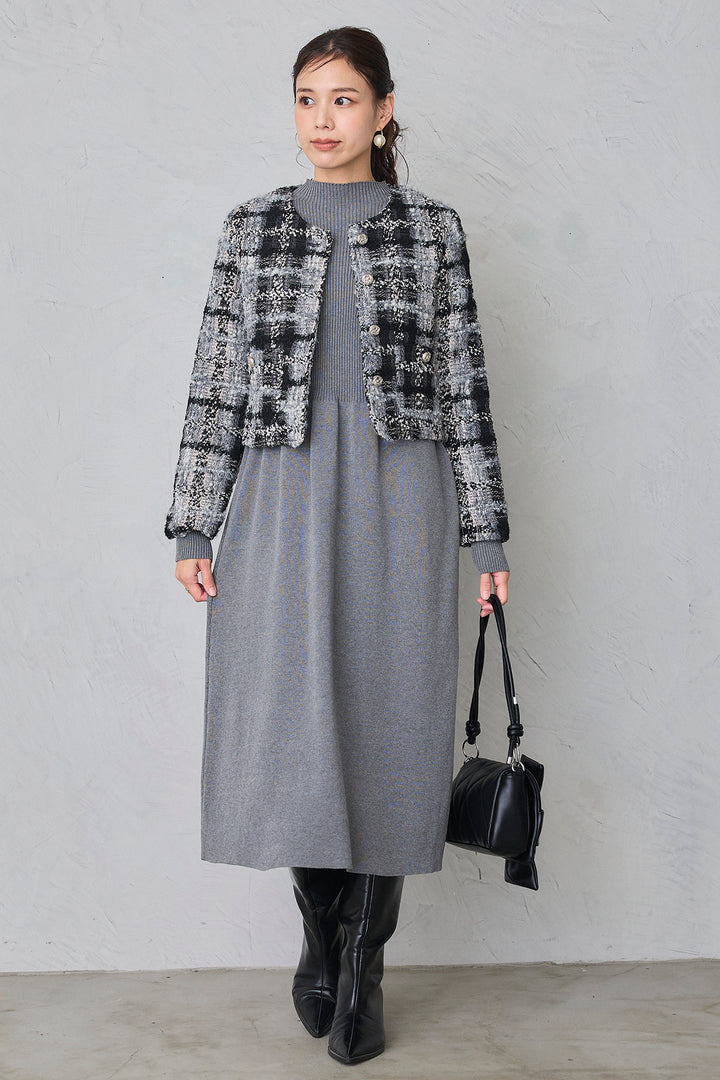 [予約/SET]ツイードチェッククロップドジャケット+リブセミフレアニットワンピース(2set)