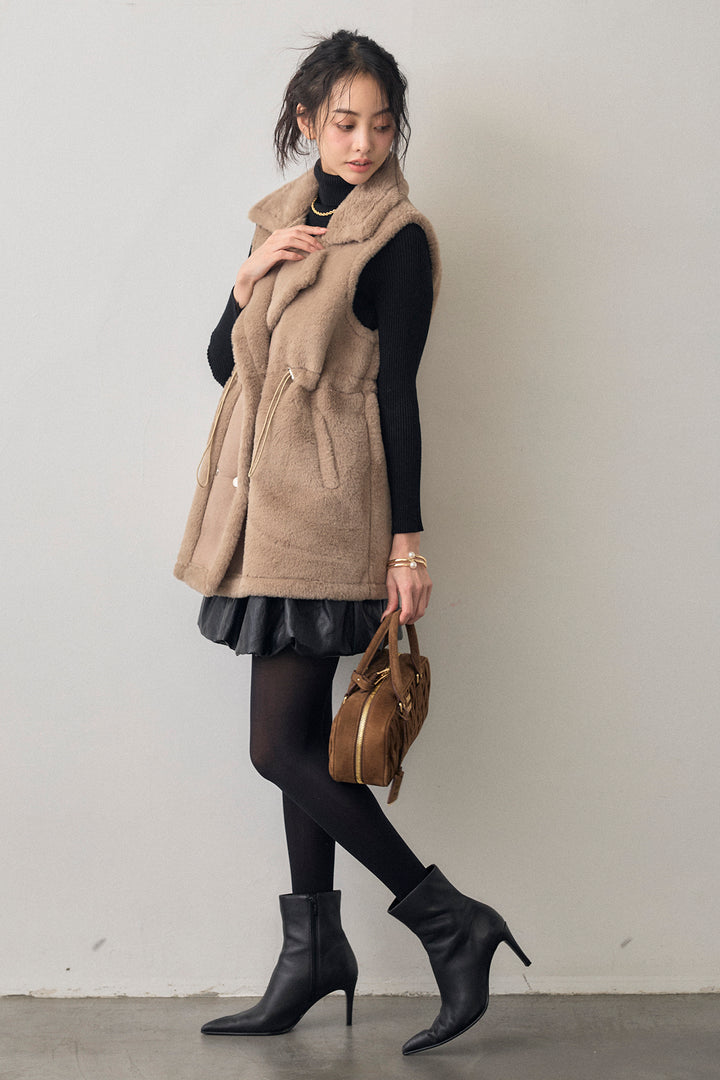 [予約/SET]テディボアウエストドロストベスト+フェイクレザーティアードバルーンミニスカート(2set)