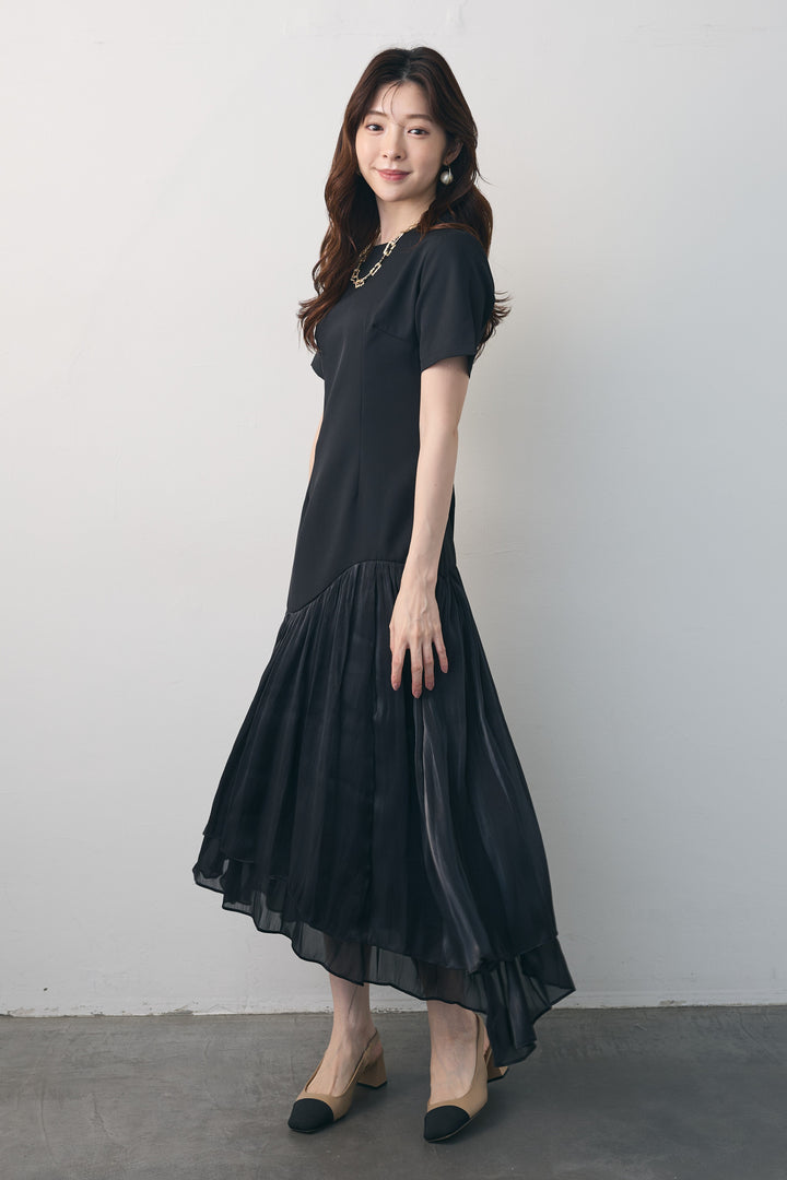 [予約]シフォン切替ハーフスリーブワンピース