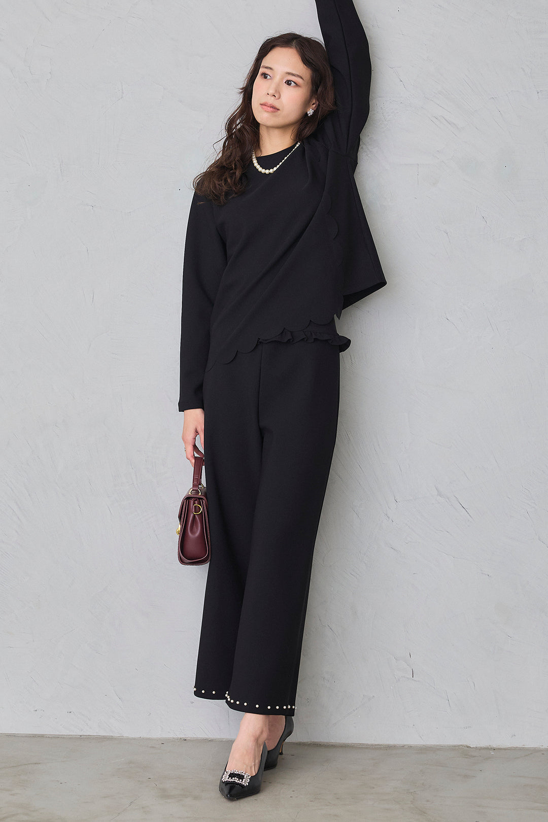 [予約/SET]アシメスカラップポンチプルオーバー+パールヘムポンチストレートパンツ(2set)