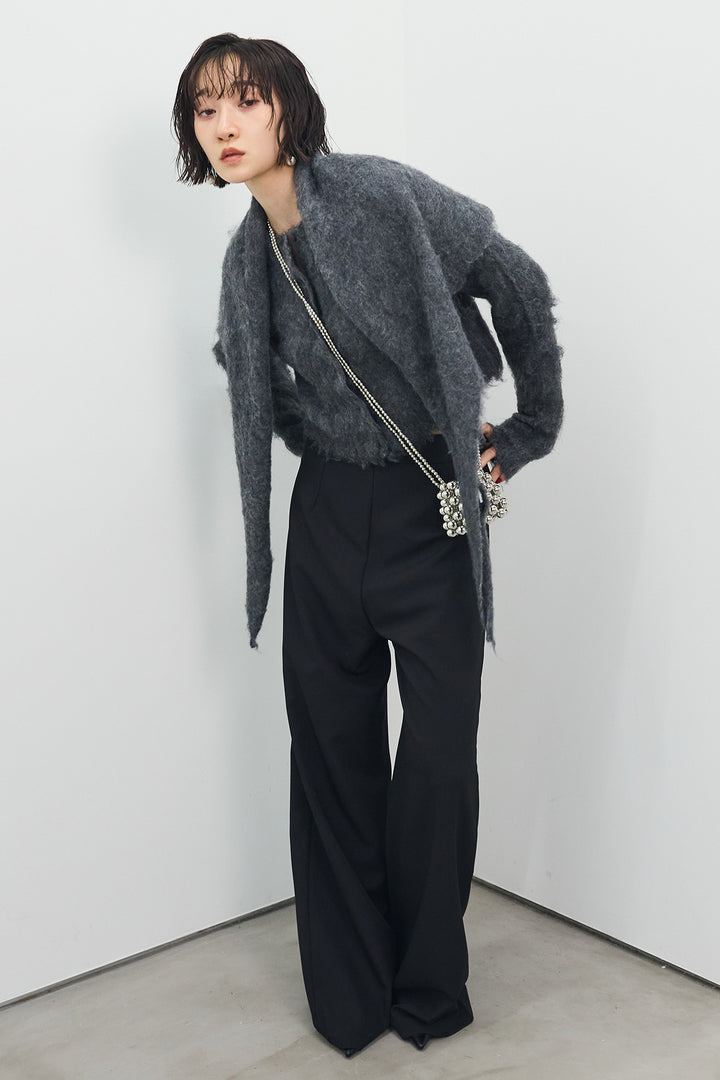 [予約/SET]モヘアタッチクロップドニットカーデ+モヘアタッチトライアングルスカーフ+バックリボンストレートパンツ(3set)
