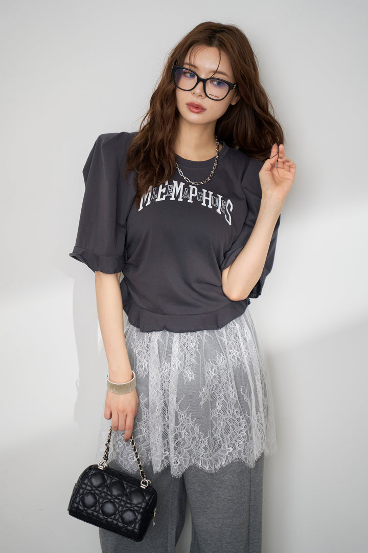 [予約/SET]ロゴパフスリーブデザインTシャツ+繊細レースレイヤードパンツ(2set)