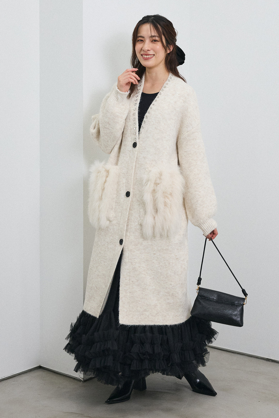 [予約/SET]ファーポケットロングニットカーデ+スウィートチュールフリルスカート(2set)