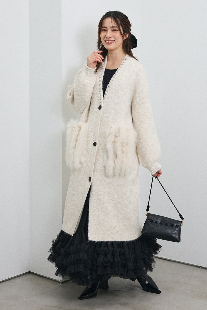 [予約/SET]ファーポケットロングニットカーデ+スウィートチュールフリルスカート(2set)
