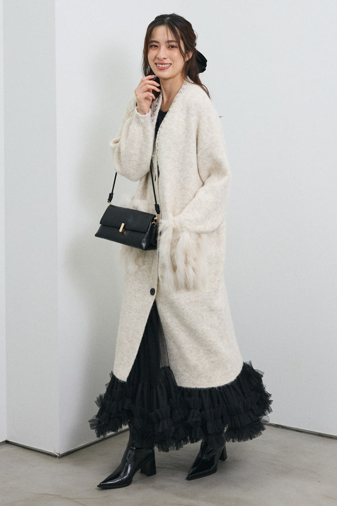 [予約]ファーポケットロングニットカーデ