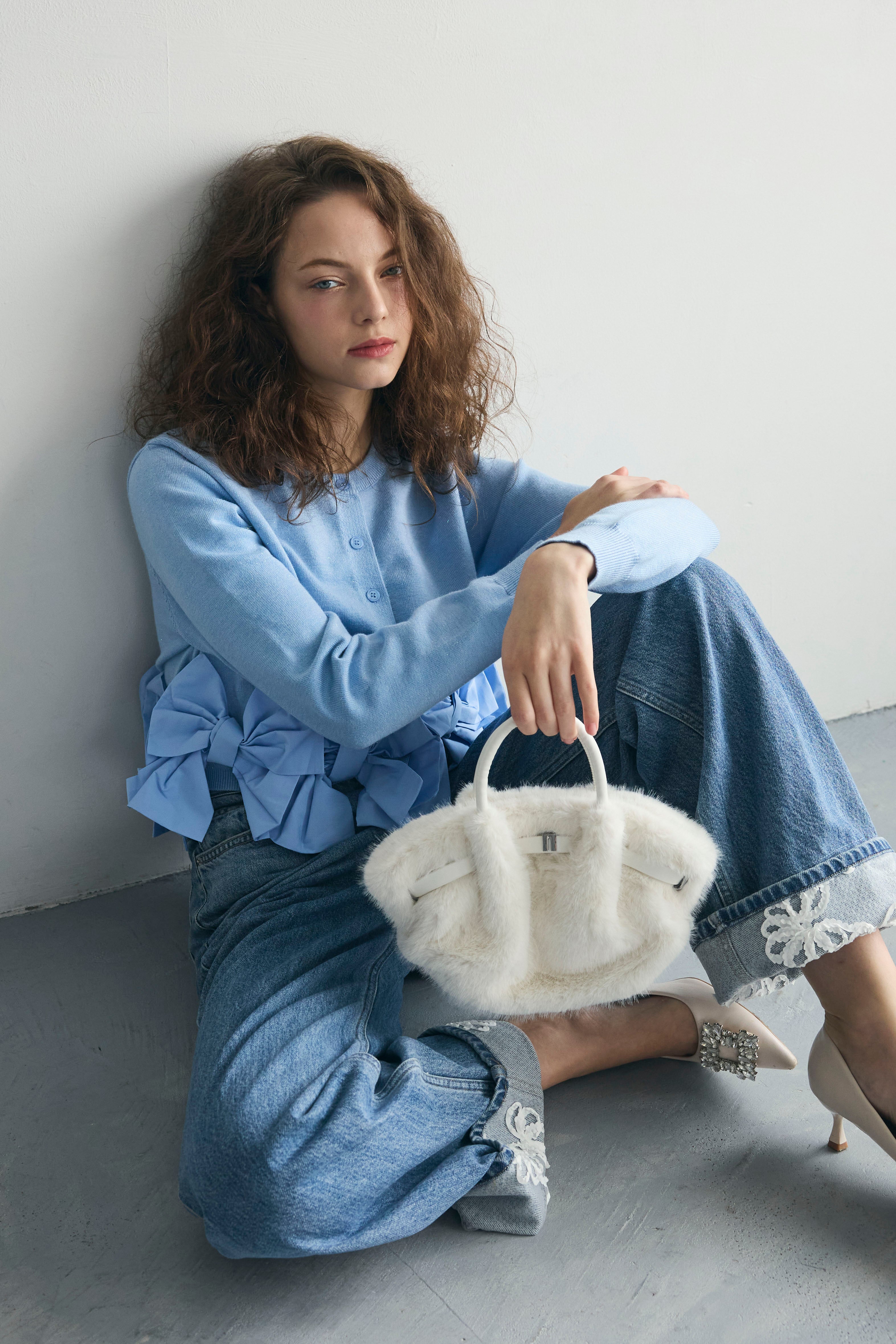 予約/SET]ヘムリボンデザインショートカーデ+コードレースロールアップ