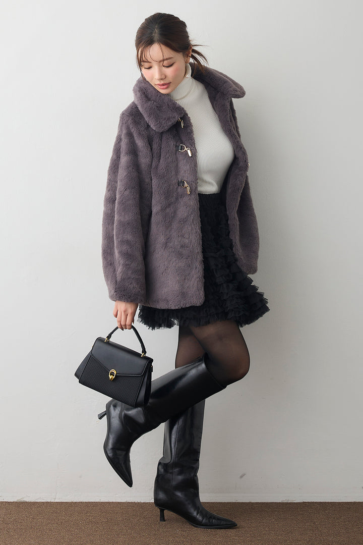 [予約/SET]ビット付きフェイクファーコート+ホイップチュールミニ丈スカート(2set)