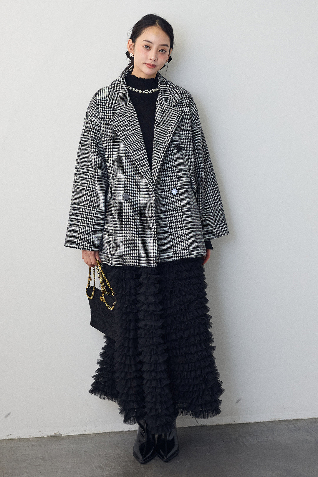 [予約/SET]チェック柄ボクシーコート+ホイップチュールティアードスカート(2set)