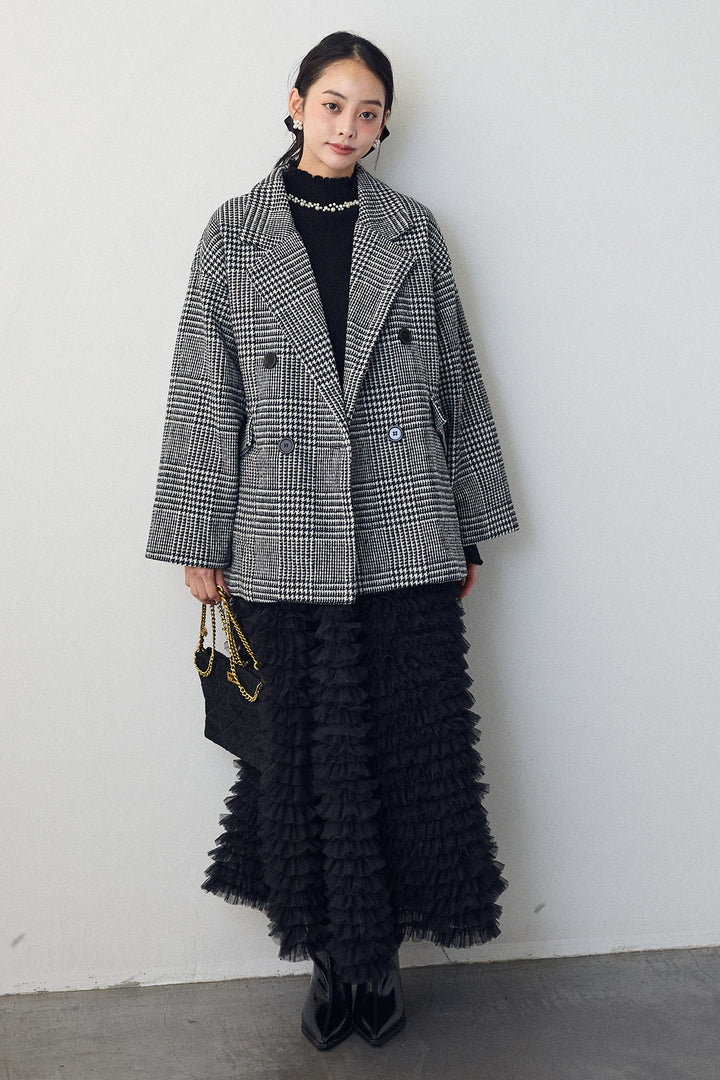 [予約/SET]チェック柄ボクシーコート+ホイップチュールティアードスカート(2set)