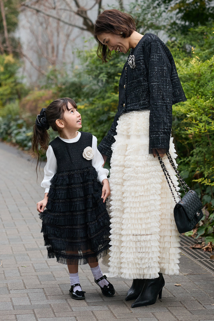 [予約/親子SET][kids]ティアードプリーツパールワンピセット+ツイード×チュールレイヤードクロップドジャケット+ホイップチュールティアードスカート(3set)