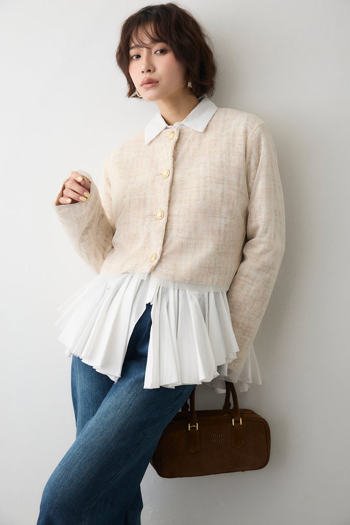 [予約/SET]パネルフレアヘムシャツ+ツイード×チュールレイヤードクロップドジャケット+フリルヘムデニムパンツ(3set)