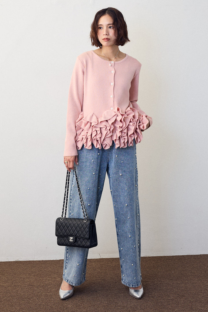 [予約/SET]フリルホイップニットカーディガン+パールスタッズストレートハイウエストデニム(2set)