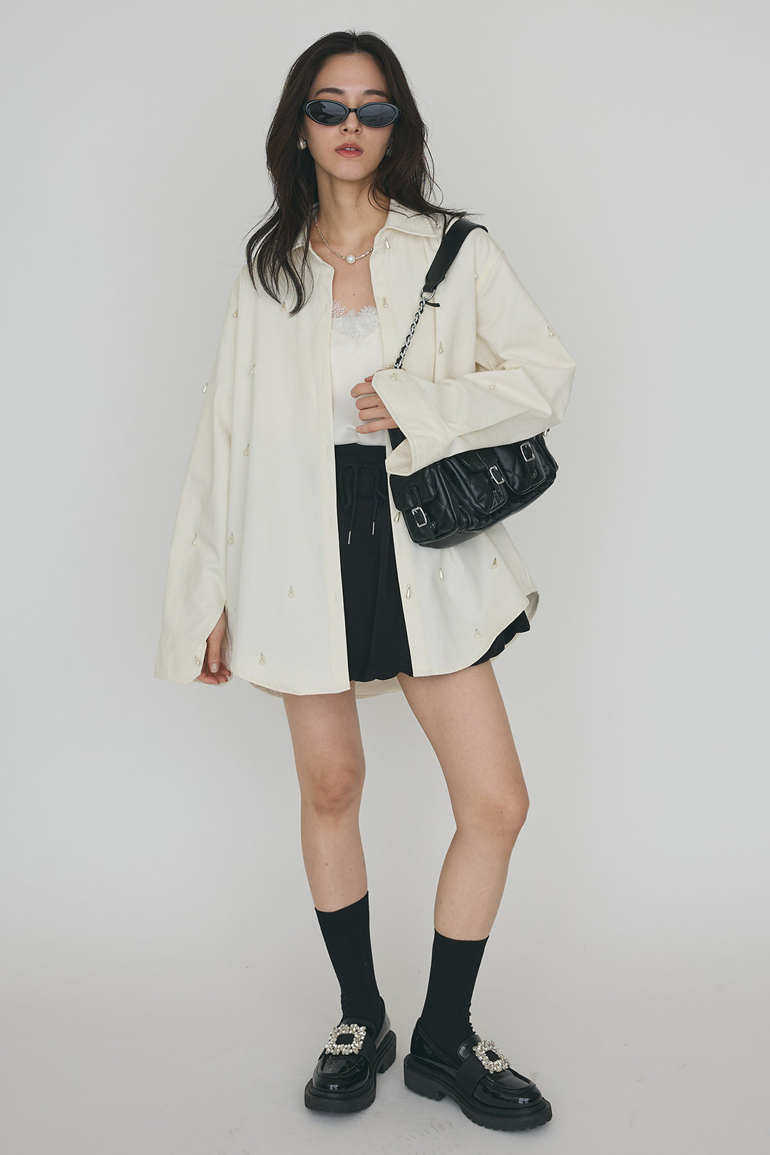 [予約/SET]雫パールデザインオーバーシャツ+スウェットバルーンスカート(2set)