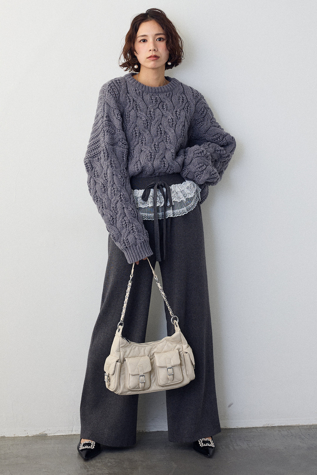 [予約/SET]ニュアンスケーブルクロップドニット+ウエストレースニットストレートパンツ(2set)