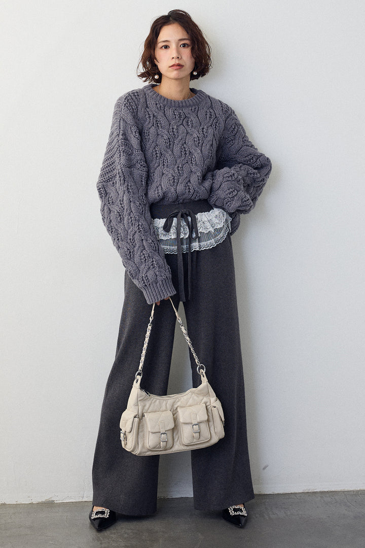 [予約/SET]ニュアンスケーブルクロップドニット+ウエストレースニットストレートパンツ(2set)