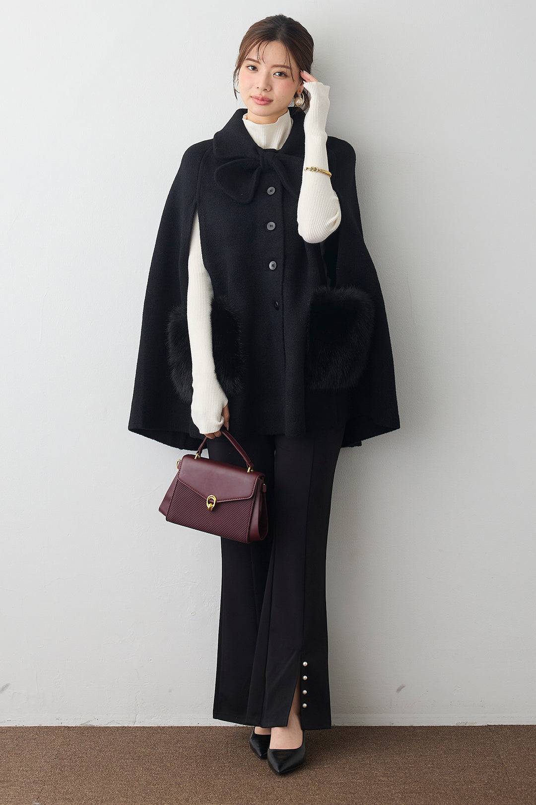 [予約/SET]ウールタッチファーポケットポンチョコート+センタースリットパールパンツ(2set)