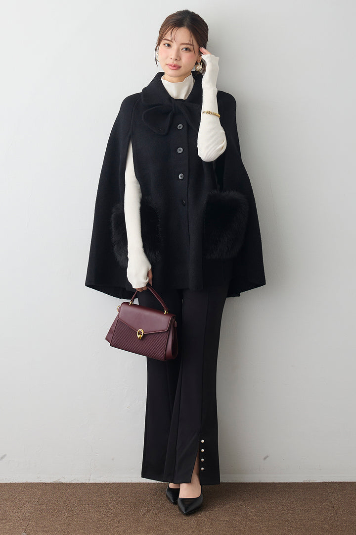 [予約/SET]ウールタッチファーポケットポンチョコート+センタースリットパールパンツ(2set)