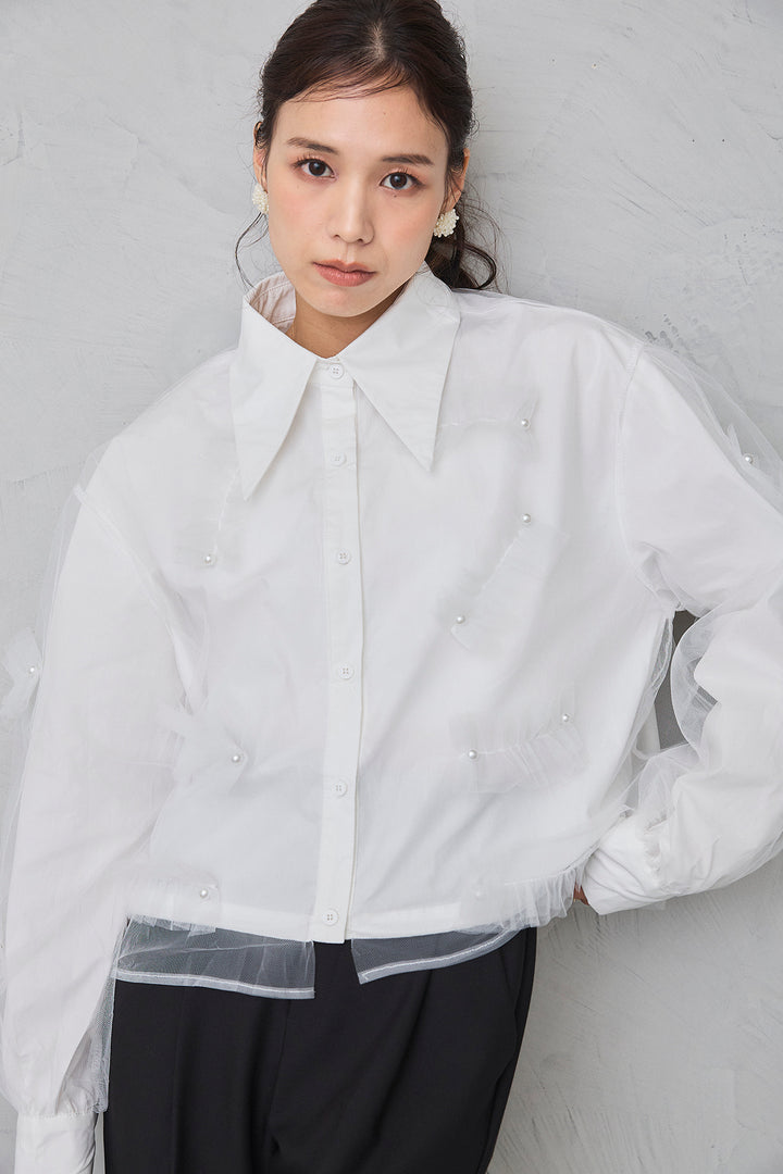 [予約/SET]チュールレイヤードパールシャツ+タックテーパードパンツ(2set)