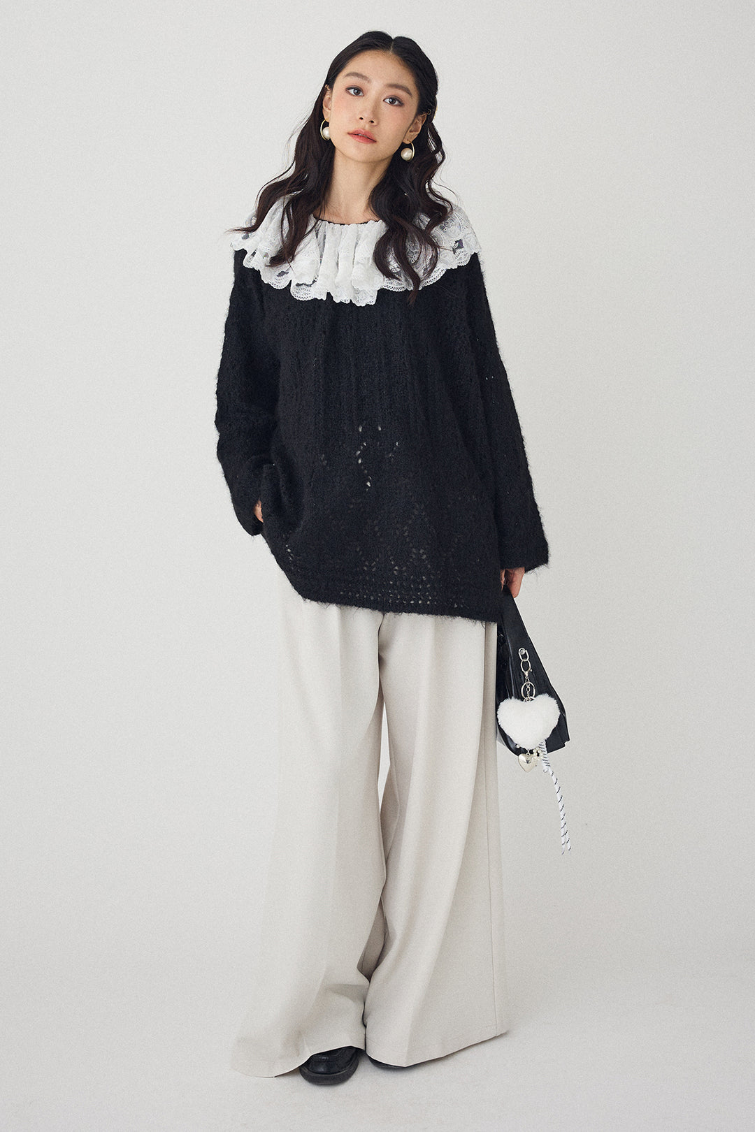 [予約/SET]ダブルレースカラードッキングニット+とろみタックハイウエストタックワイドパンツ(2set)