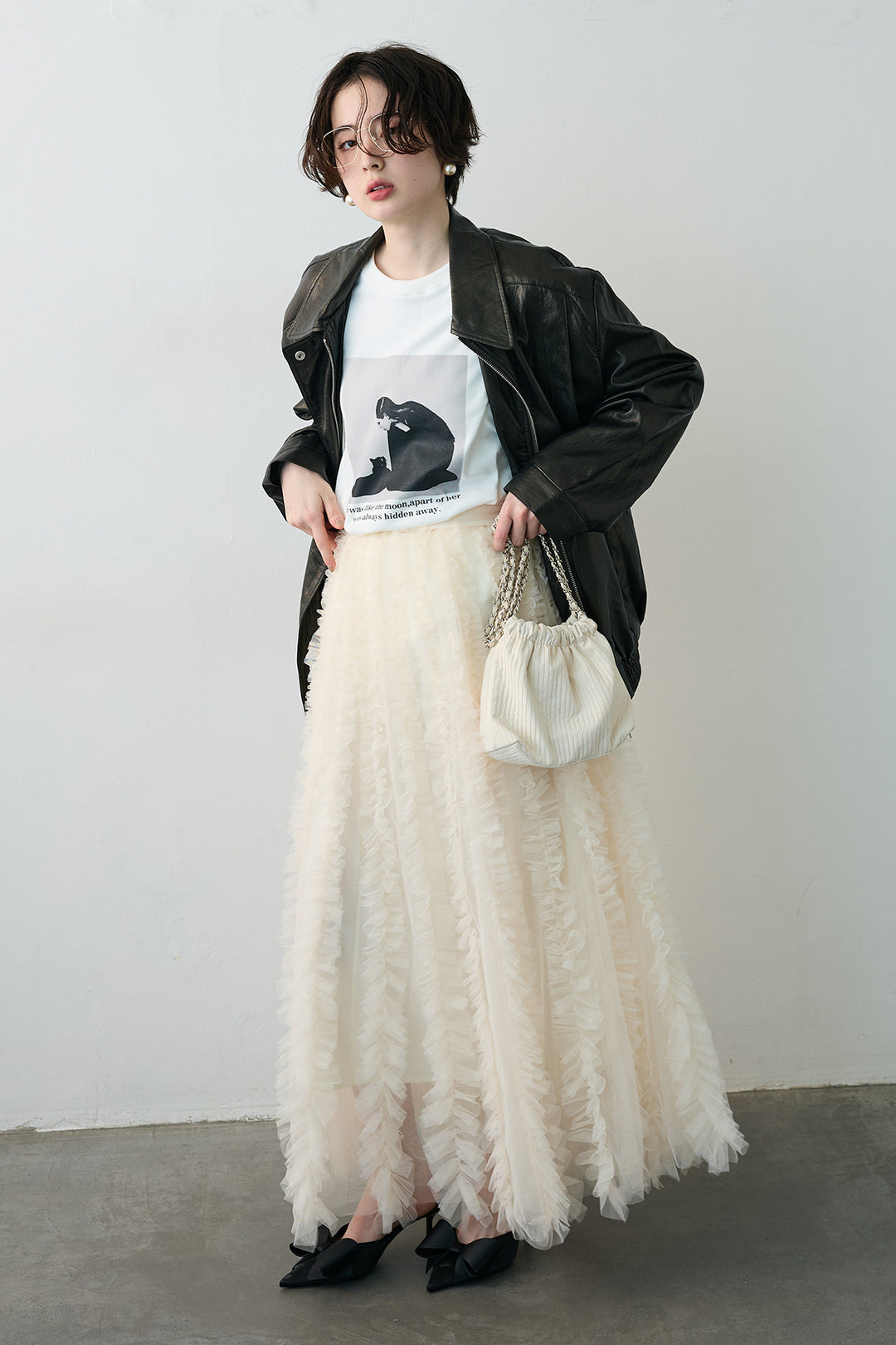 [予約/SET]グロッシーワッシャーレザーライクジャケット+Iラインホイップチュールスカート(2set)