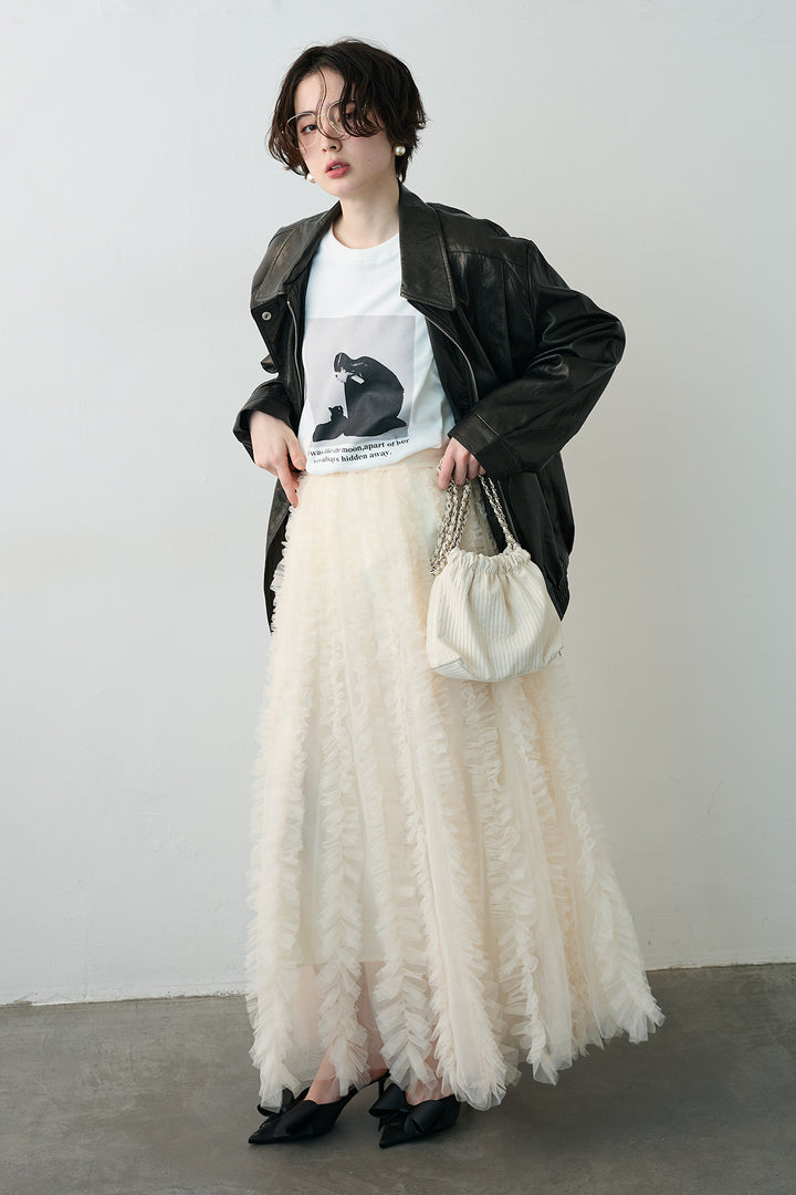 [予約/SET]グロッシーワッシャーレザーライクジャケット+Iラインホイップチュールスカート(2set)