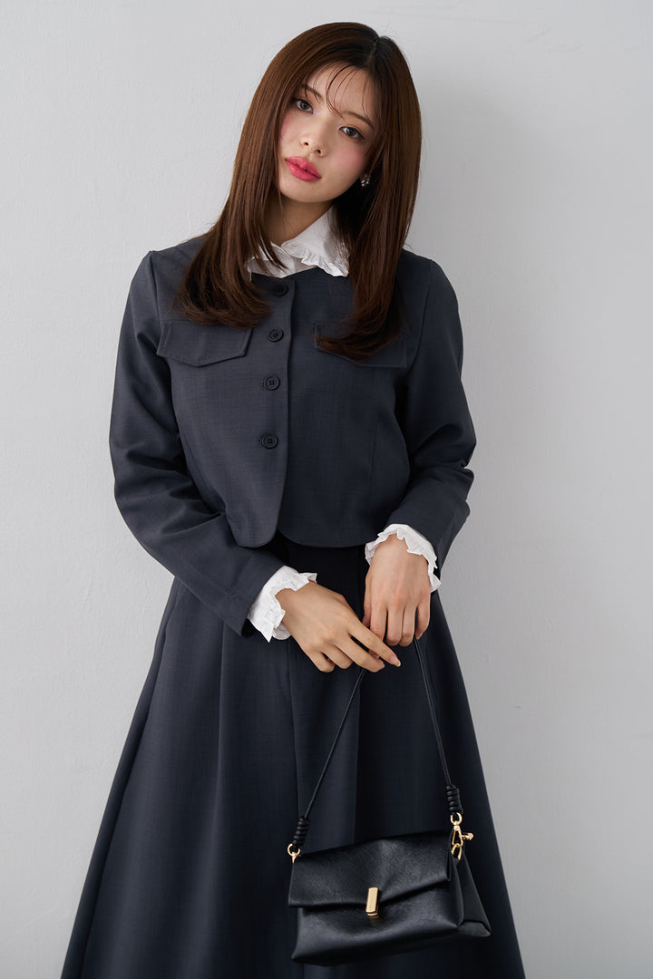 [予約/SET]ミニフリル襟ボリュームスリーブブラウス+ノーカラークロップドジャケットスカートセット(2set)