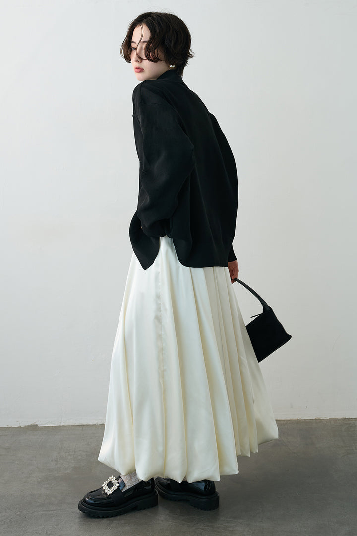 [予約/SET]メタルボタン襟付きニットカーディガン+サテンシャイニーバルーンスカート(2set)
