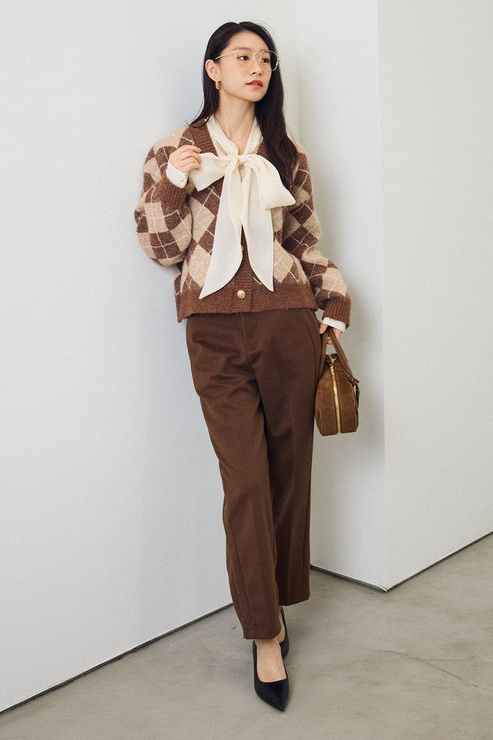 [予約/SET]前後2wayリボンシアーブラウス+アーガイル柄ゴールドボタンニットカーデ(2set)