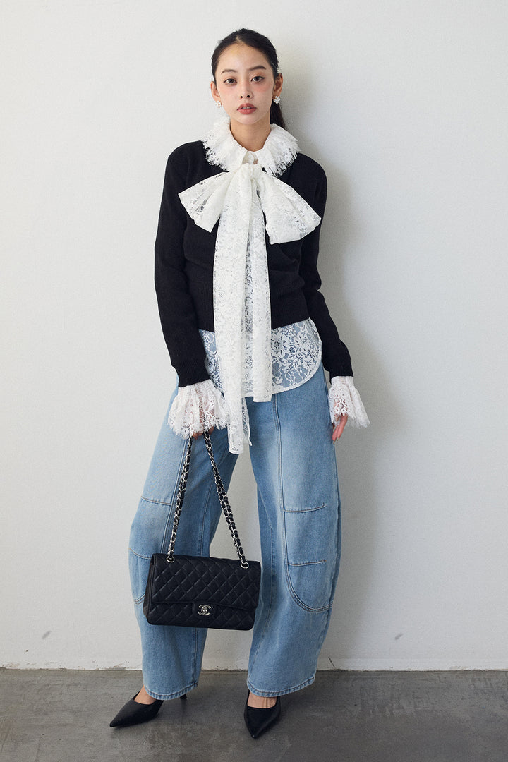 [予約/SET]クラシカルレースボウタイブラウス+カシュクールデザインニット(2set)