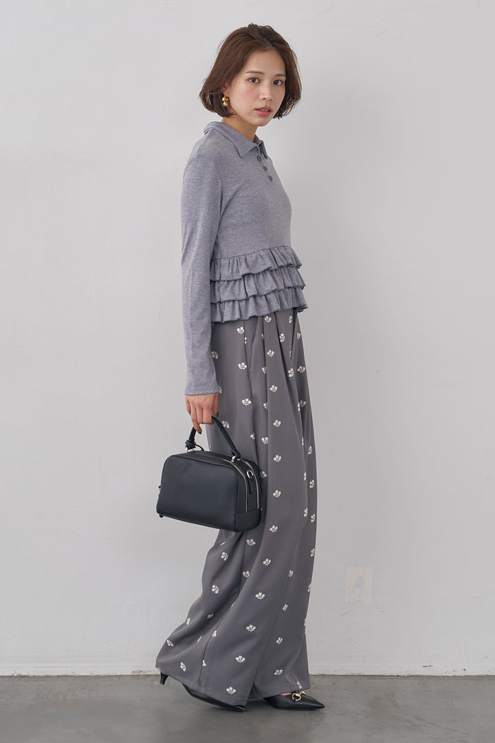 [予約/SET]フリルヘムポロカラープルオーバー+フラワー刺繍ツイルストレートパンツ(2set)