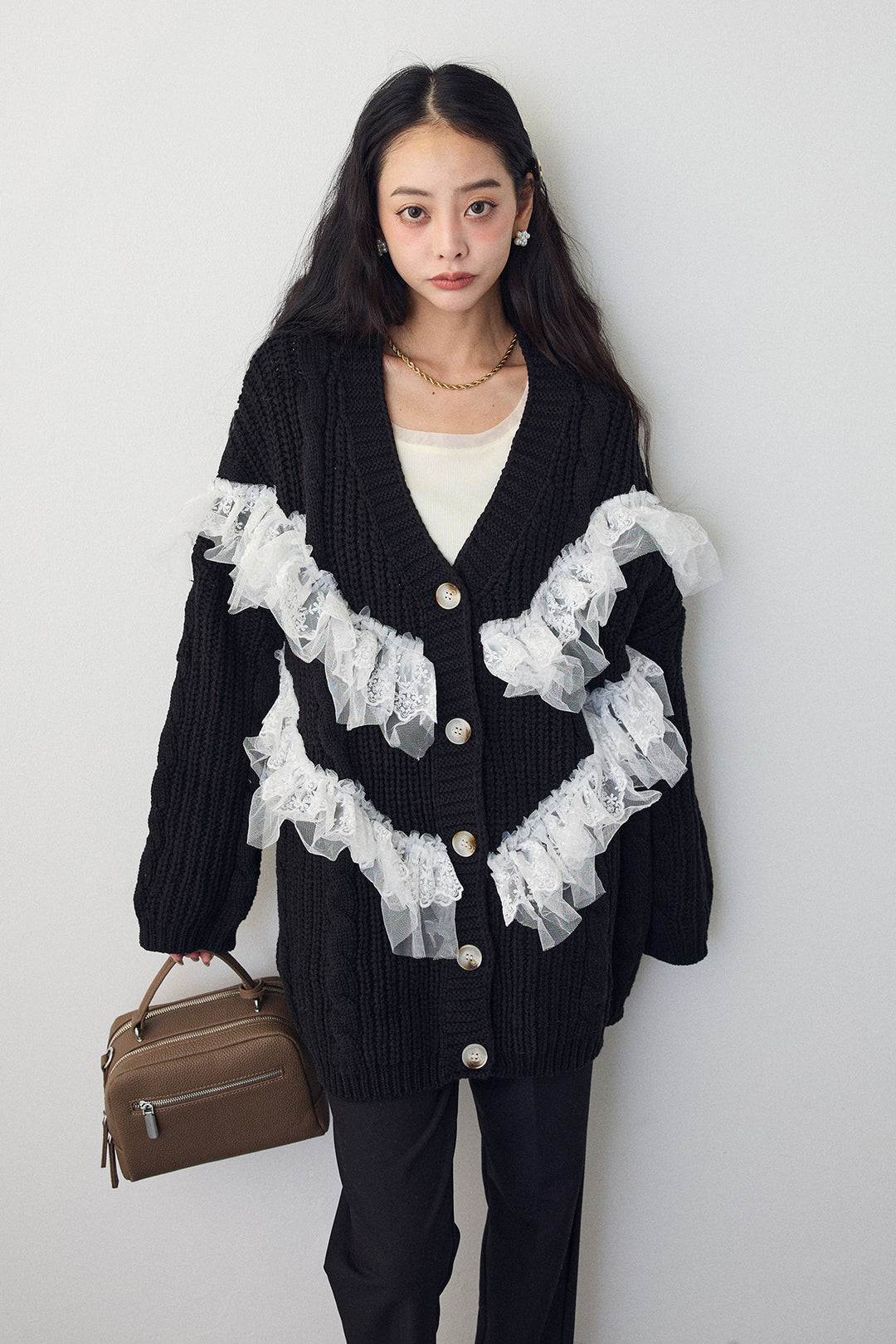 [予約/SET]ラッフルレースドッキングニットBIGカーデ+タックテーパードパンツ(2set)