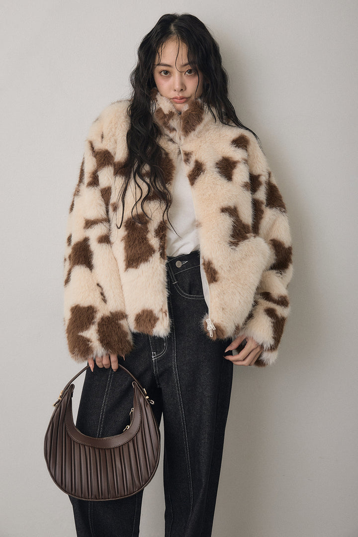 [予約/SET]COW柄スタンドファーライクコート+ウエストアシメデニムパンツ(2set)