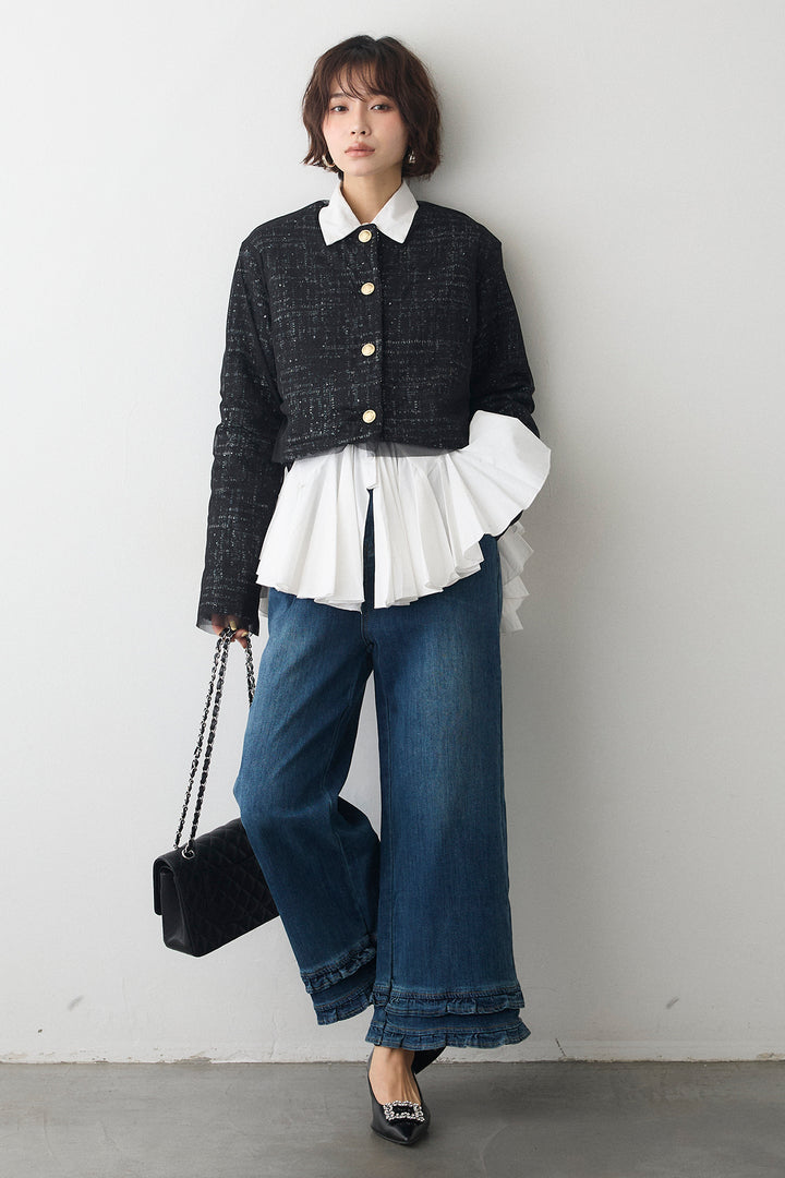 [予約/SET]パネルフレアヘムシャツ+ツイード×チュールレイヤードクロップドジャケット(2set)