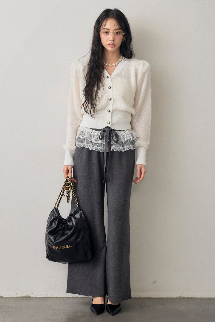 [予約/SET]コンシャスショルダーシャイニーニットカーデ+ウエストレースニットストレートパンツ(2set)