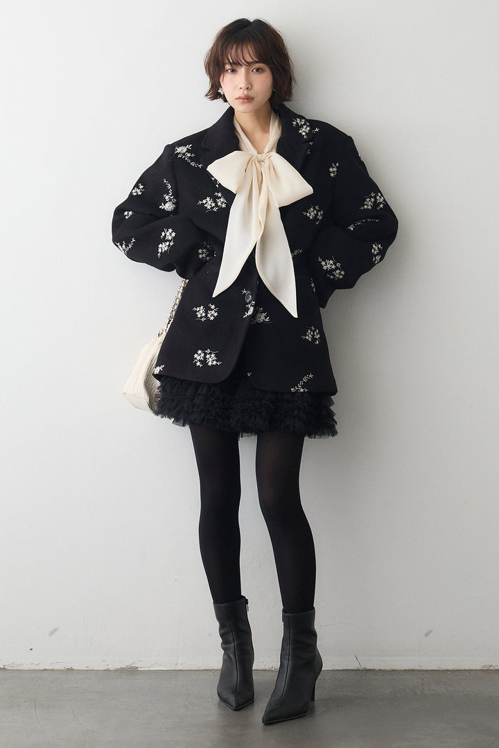 [予約/SET]フラワーエンブロイダリーモッサジャケット+ホイップチュールミニ丈スカート(2set)