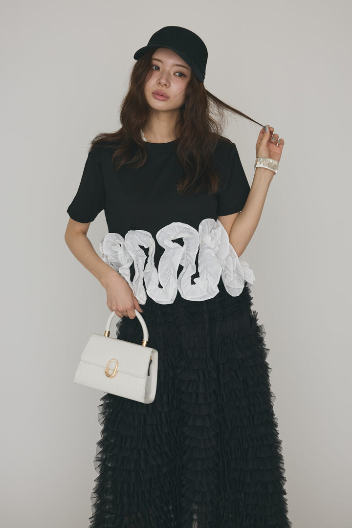 [予約/SET]フリルウェーブヘムカットTシャツ+ホイップチュールティアードスカート(2set)