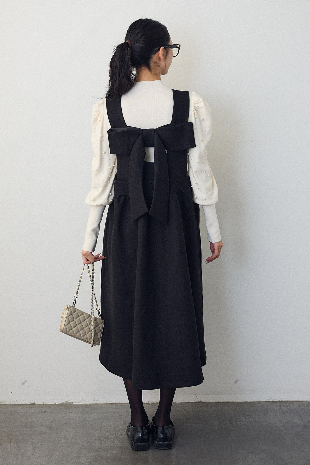 [予約/SET]パフスリーブランダムパールニット+バックリボンボックスシルエットジャンスカ(2set)