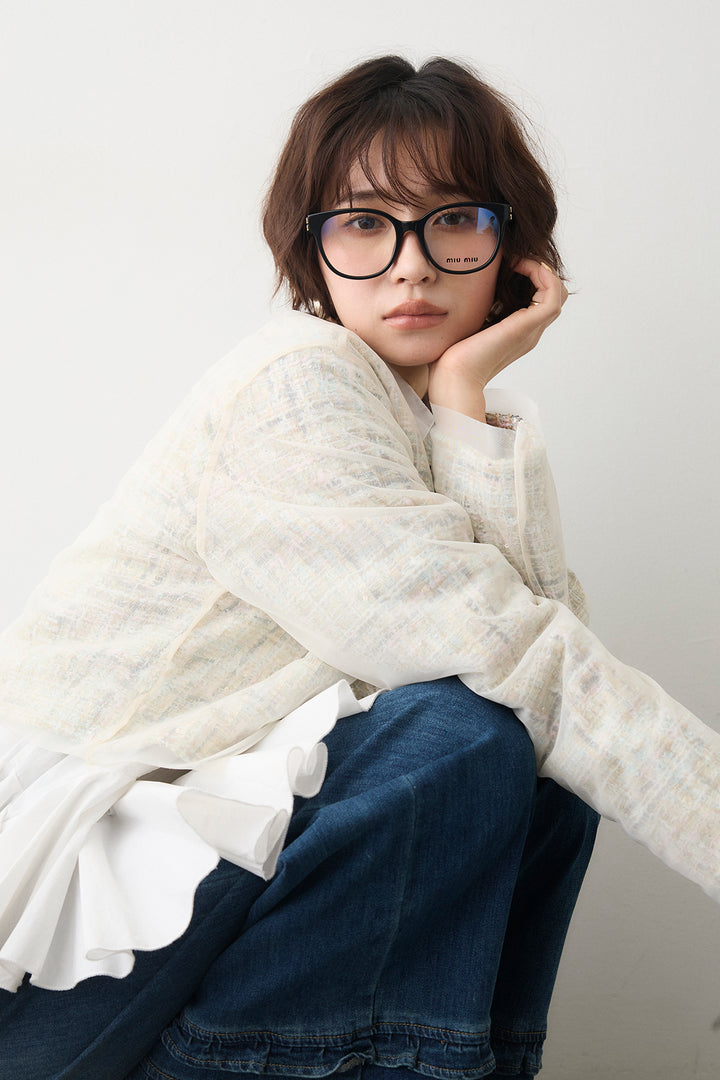 [予約/SET]ツイード×チュールレイヤードクロップドジャケット+フリルヘムデニムパンツ(2set)