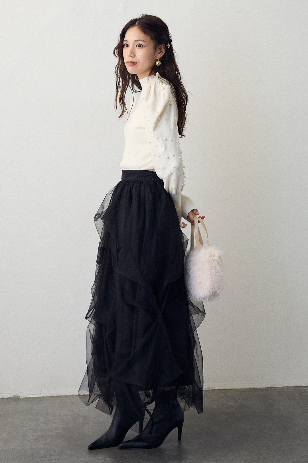 [予約/SET]パフスリーブランダムパールニット+マルチパターンタックチュールスカート(2set)