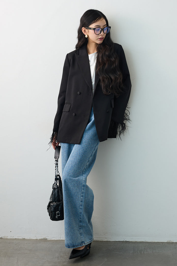 [予約/SET]エアリーファザーレディライクジャケット+ラインストーンストレートデニム(2set)